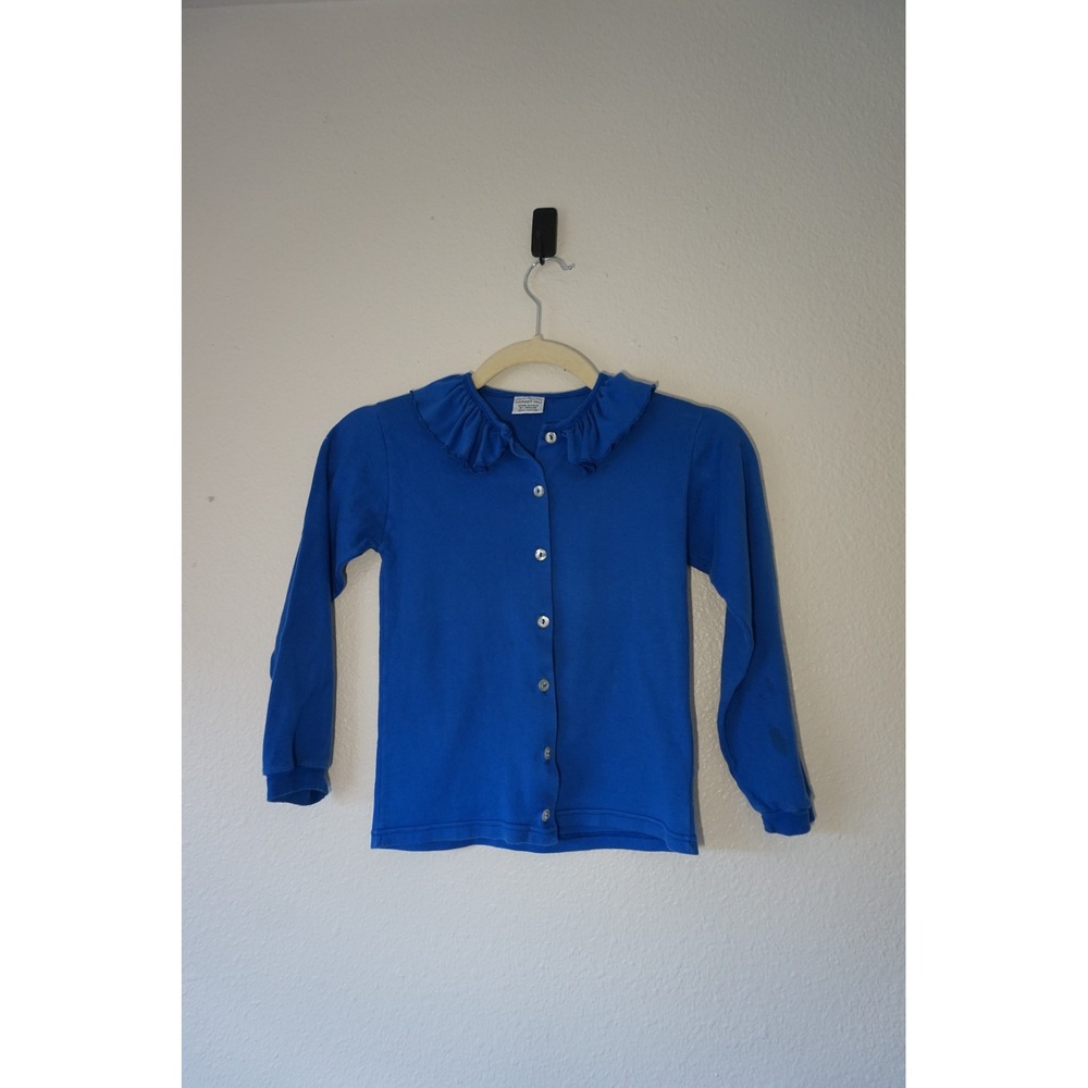 Garnet Hill Cardigan Ruffle Collar Cotton Knit Royal Blue Whimsical Size 6/7
